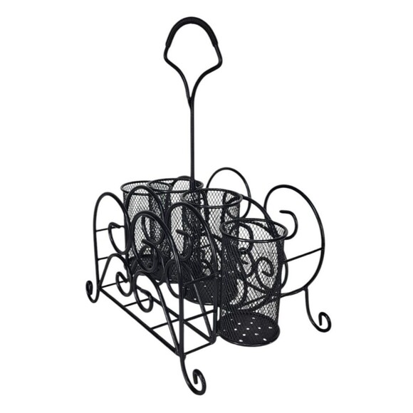 Vintage Black Metal Mesh Scroll Tabletop Utensil Napkin Buffet Caddy Organizer - Picture 7 of 14